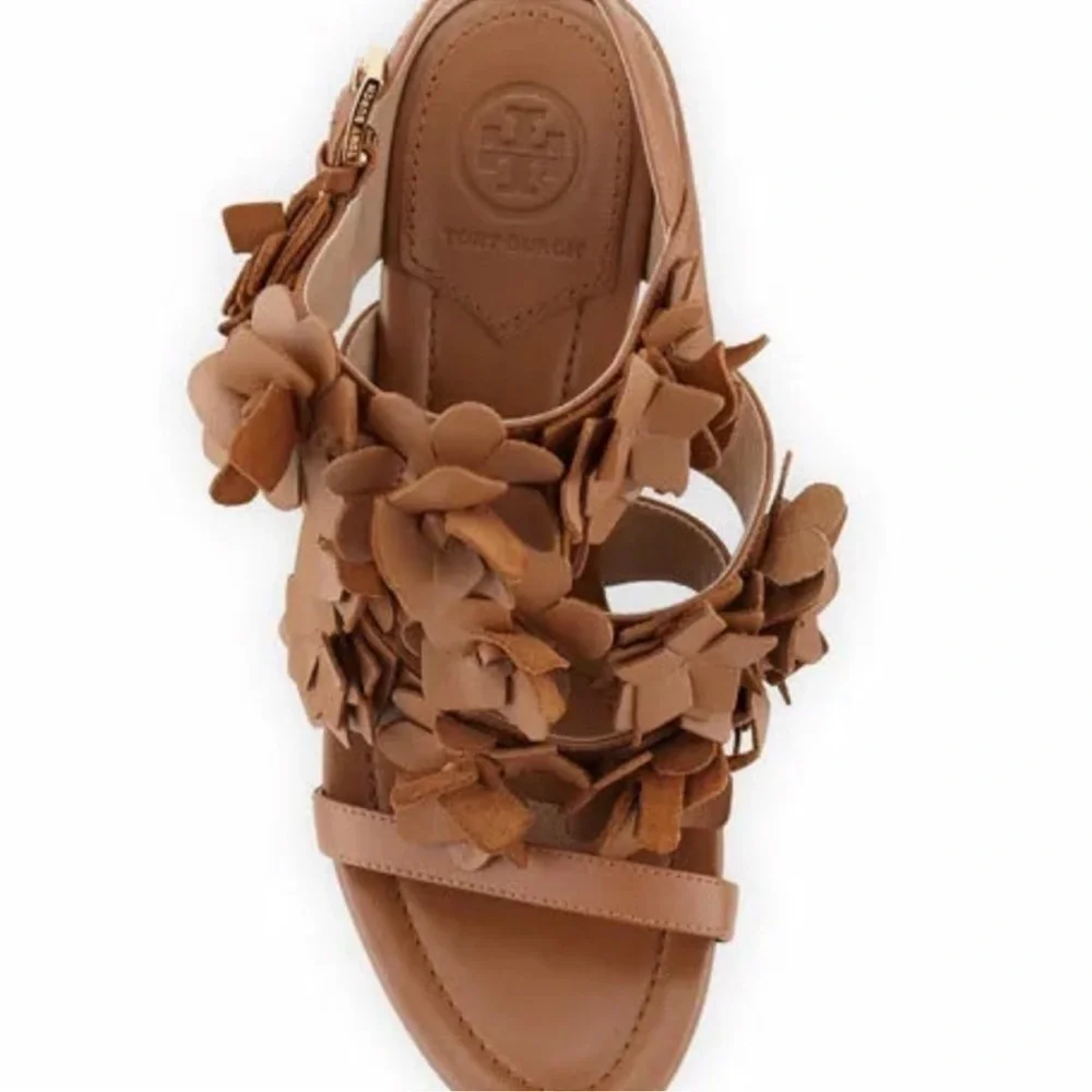 NWOB Tory Burch Women's Brown 65 mm Nappa Leather Blossom Heel Block Sandal 9.5